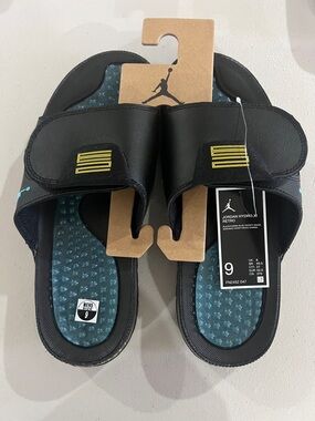 Jordan Hydro XI Retro Slide Sandals in Black and Teal with Yellow Accents
